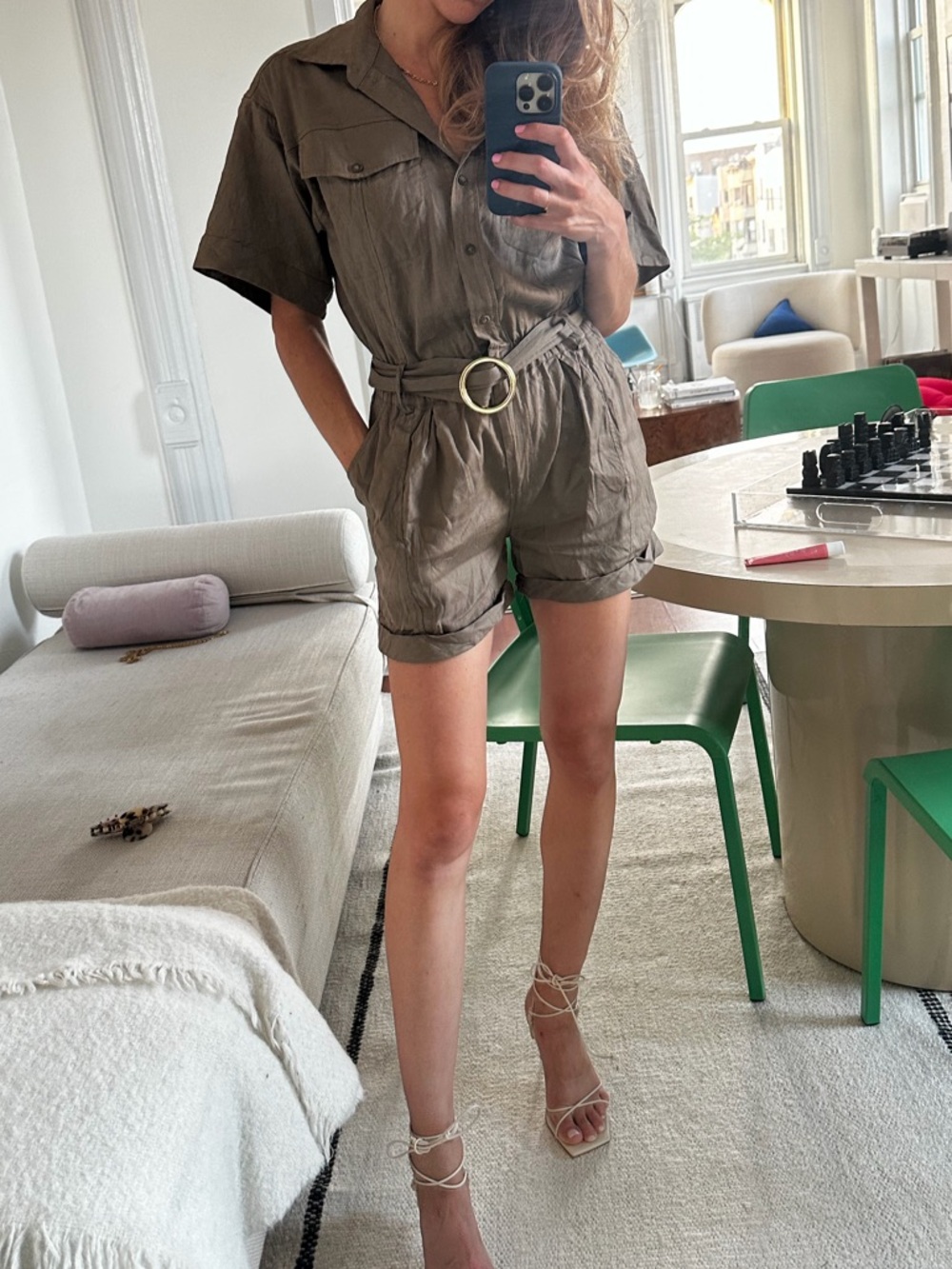 Frame Utility Short Sleeve Romper in Olive Brown